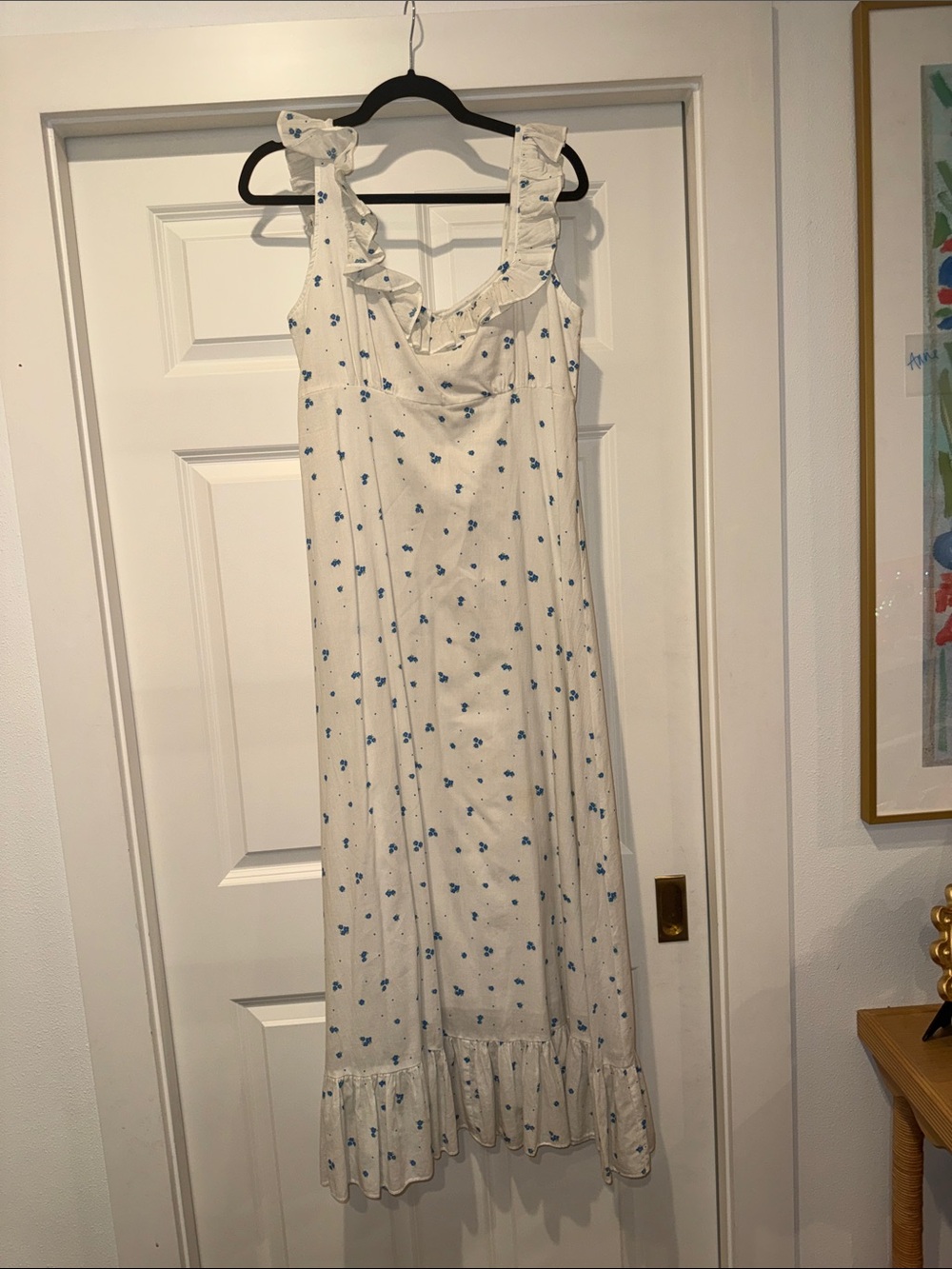 RIXO Cream Maxi Dress with Blue Floral Print